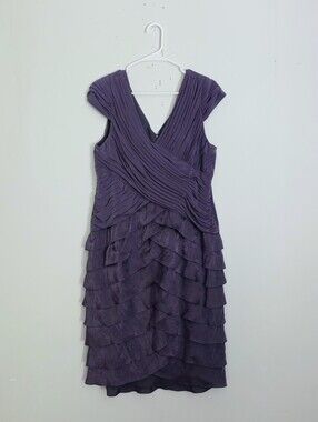 Adrianna Papell Purple Pleated V-Neck Tiered Midi Dress